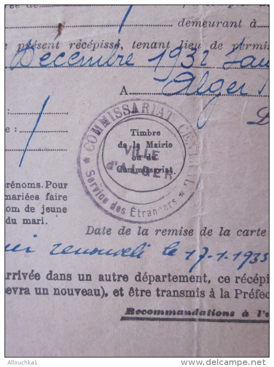 1932 Alger Récépissé Demande Carte Identité Travailleur + Photo Permis Séjour Né Sénija Espagne Réfugié Espagnol - Documents Historiques