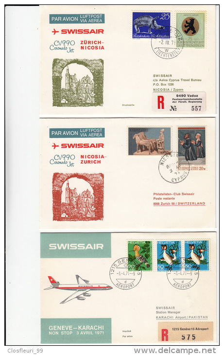 Collection SWISSAIR - 23 Lettres (18) Recommandées  De 1ers Vols Aviation. Cachets Arrivée, Cote 220.- CHF - First Flight Covers