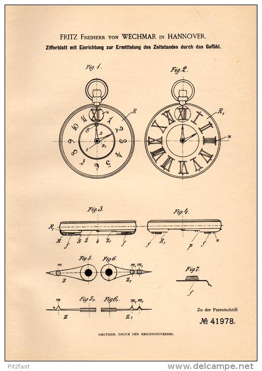 Original Patentschrift - F. Freiherr Von Wechmar In Hannover , 1887 , Ziffernblatt Von Uhren Für Tastsinn , Uhrmacher !! - Montres Gousset