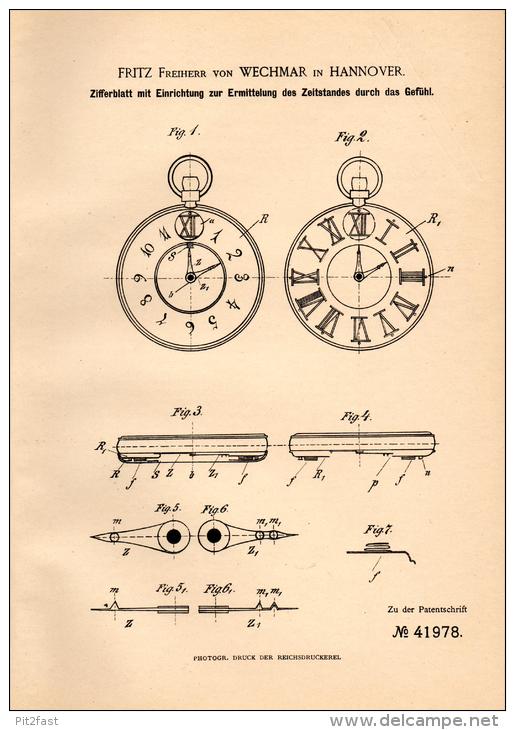 Original Patentschrift - F. Freiherr Von Wechmar In Hannover , 1887 , Ziffernblatt Von Uhren Für Tastsinn , Uhrmacher !! - Orologi Da Polso