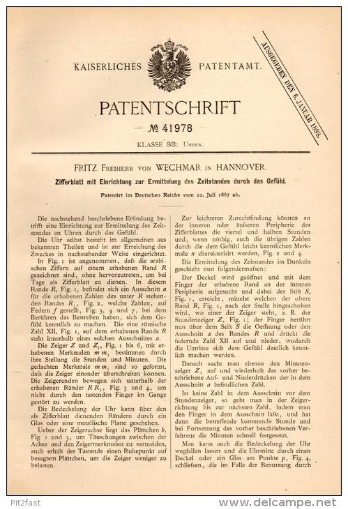 Original Patentschrift - F. Freiherr Von Wechmar In Hannover , 1887 , Ziffernblatt Von Uhren Für Tastsinn , Uhrmacher !! - Orologi Da Polso