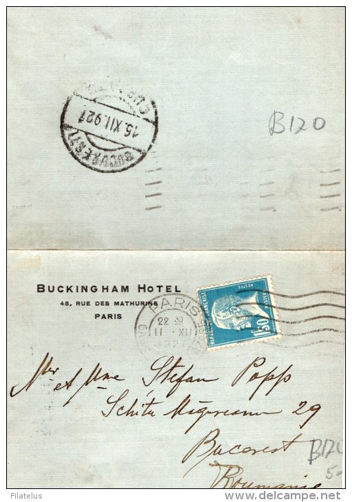 BIGLIETTO POSTALE-FORMATO RIDOTTO-BUCKINGHAM HOTE-PARIGI-SPEDITA A BUCAREST-ROMANIA - Storia Postale