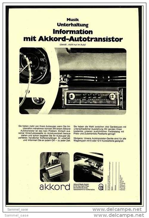 Reklame Werbeanzeige  ,  Akkord Autoradio  -  Information Mit Akkord-Autotransistor  ,  Von 1968 - Andere Geräte