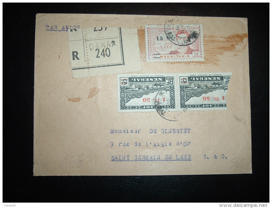 LR PAR AVION TP MAURITANIE 90C SURCHARGE 15F + SENEGAL 15C SURCHARGE 1F50 OBL. 17 ? DAKAR SENEGAL - Lettres & Documents