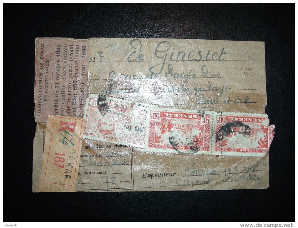 FRAGMENT COLIS  RECOMMANDE TP MAURITANIE 90C SURCHARGE 20F + SENEGAL 50C X3 OBL. DAKAR SENEGAL + ETIQUETTE EXPORT 1945 - Brieven En Documenten