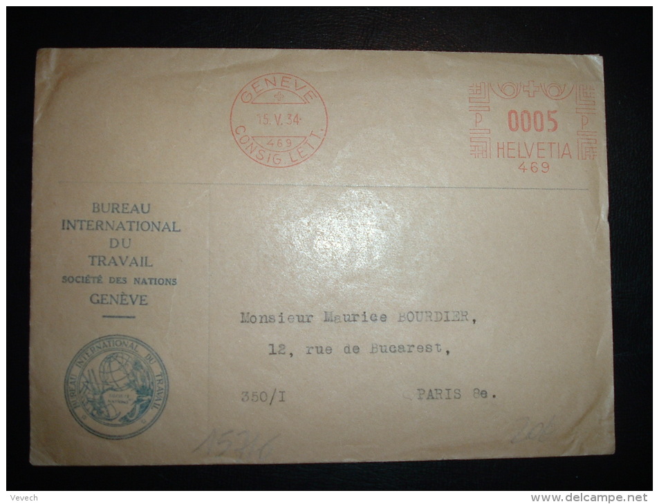 LETTRE EMA 469 à 0005 Du 15 V 34 GENEVE CONSIG.LETT. + BUREAU INTERNATIONAL DU TRAVAIL + SOCIETE DES NATIONS - European Community