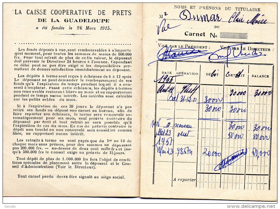 Caisse Coopérative De Prêts De La Guadeloupe -  1952 - Non Classés