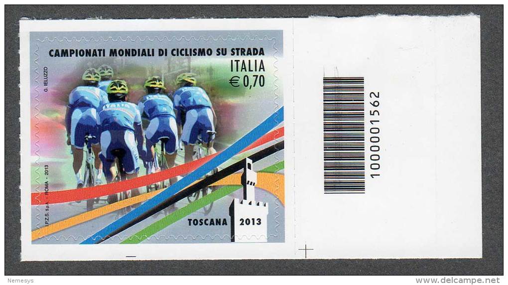 2013 CAMPIONATI MONDIALI DI CICLISMO SU STRADA 0,70C. CODICE A BARRE MNH** AUTOADESIVO - Codici A Barre