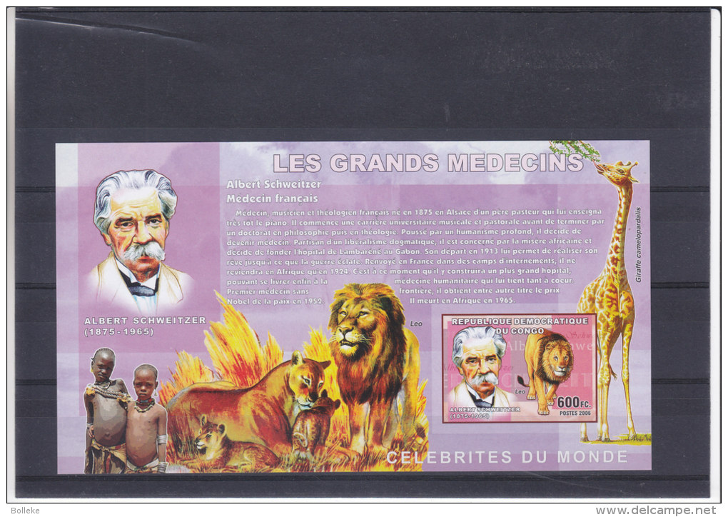 Schweitzer -  Médecine - Prix Nobel - Félins -  - Giraffe - Rép Du Congo - Bloc NON Dentelé ** - MNH  - Valeur 35 Euros - Albert Schweitzer