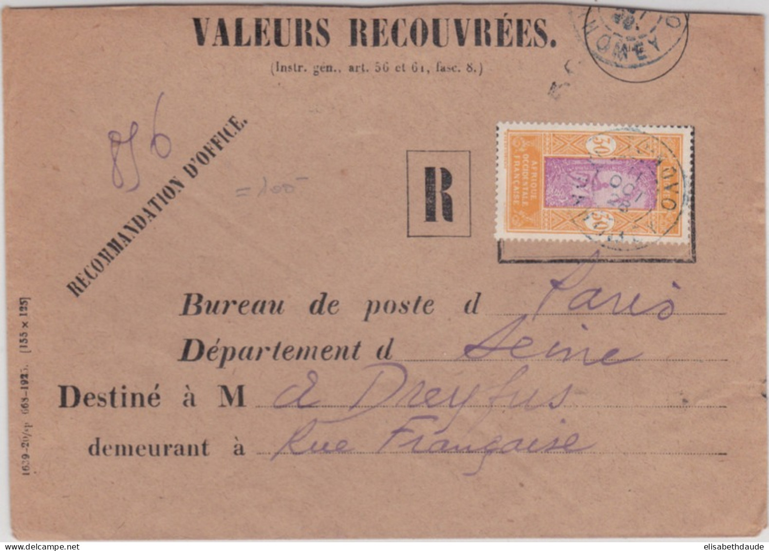 DAHOMEY - 1928 - RARE ENVELOPPE RECOMMANDEE Du SERVICE DE RECOUVREMENT Des PTT De PORTO-NOVO Pour PARIS - Briefe U. Dokumente