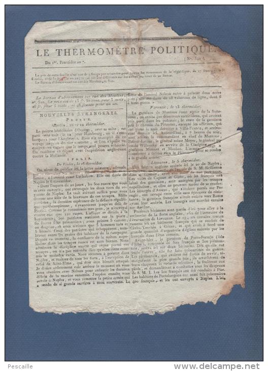 LE THERMOMETRE POLITIQUE 1 FRUCTIDOR AN 7 - VENISE NAPLES LIVOURNE BOLOGNE - INDE - EGYPTE SIDNEY SMITH BONAPARTE - Journaux Anciens - Avant 1800