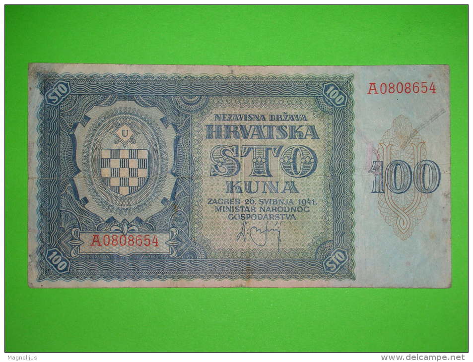 Croatia,NDH,Hrvatska,WWII,1941.,100 Kuna,banknote,paper Money,bill,vintage - Croatia