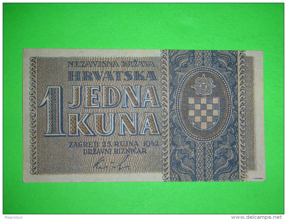 R!R!,Croatia,NDH,Hrvatska,WWII ,1942.,1 Kuna XF,banknote,paper Money,bill,vintage - Croatie