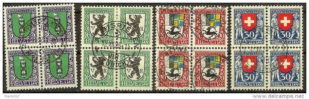 PJ 1924: Viererblock-Serie Mit Diversen Orts-Stempel  (Zumstein CHF 150-60 = 90.00) - Oblitérés