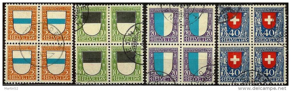 PJ 1922: Viererblock-Serie Mit Diversen Orts-Stempel  (Zumstein CHF 4x120 = 480.00) - Oblitérés