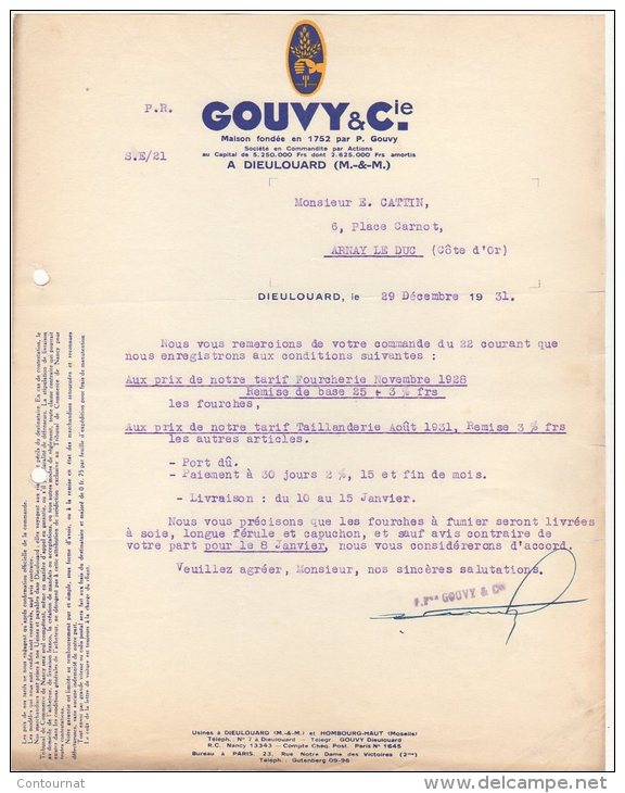 54 DIEULOUARD COURRIER 1931 FORGES & ACIERIES GOUVY & Cie  * K29 - 1900 – 1949