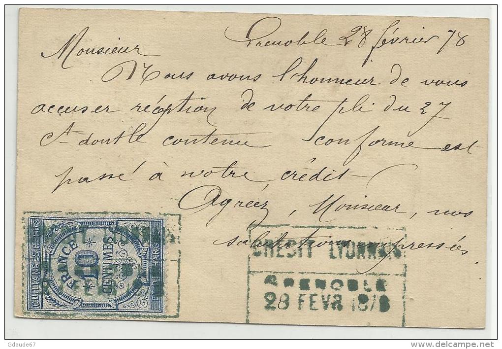 ISERE - 1878 - CARTE PRECURSEUR TYPE SAGE Avec CACHET T.17 De GRENOBLE + TIMBRE FISCAL AU DOS Pour ARVILLARD (SAVOIE) - Tarjetas Precursoras