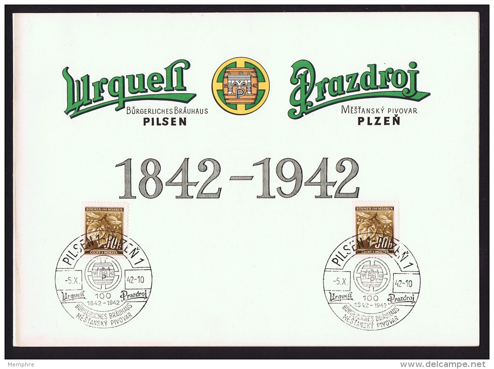 1942  PILSEN: Urquell Brewery Centennial Commemorative Folder And Cancel  Brewery Entrance Watercolour - Bier