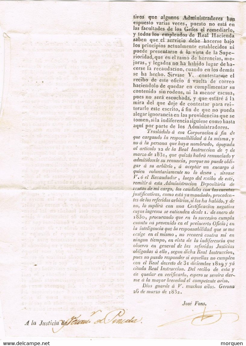 5033. Carta Completa Pre Filatelica GERONA  1832 A Pineda (Barcelona). Circular Sobre Arbitrios - ...-1850 Prefilatelia