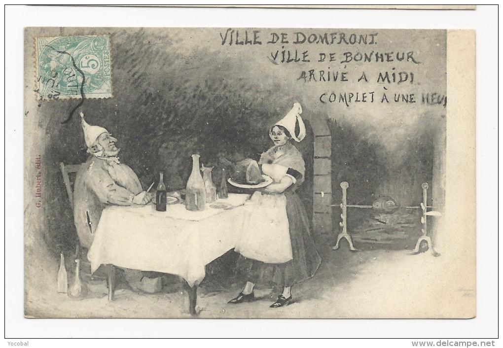 CP, 61, Ville De DOMFRONT, Ville Du Bonheur, Arrivée à Une Midi , Complet à Une Heure, écrite, Voyagé En 1906 - Domfront