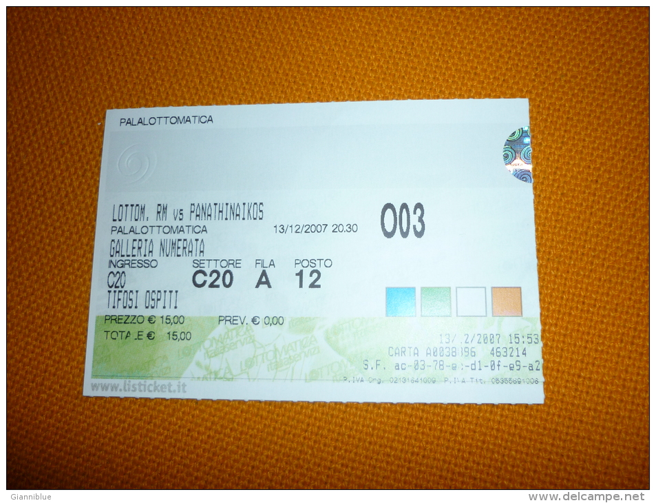 Roma-Panathinaikos Euroleague Basketball Match Ticket 2007 - Tickets D'entrée