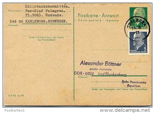 DDR P77 A Antwortkarte TÖREBODA SCHWEDEN 1971 - Cartes Postales - Oblitérées