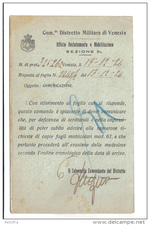 VENEZIA - Comando Distretto Militare - F.p. -  Anni '1920 - Venezia