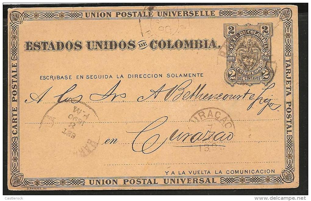 O) 1890 COLOMBIA-UNITED STATES OF COLOMBIA. COAT OF ARMS, 2 CENTAVOS, POSTAL CARD TO CURAC-CURAZAO, XF.- - Colombie