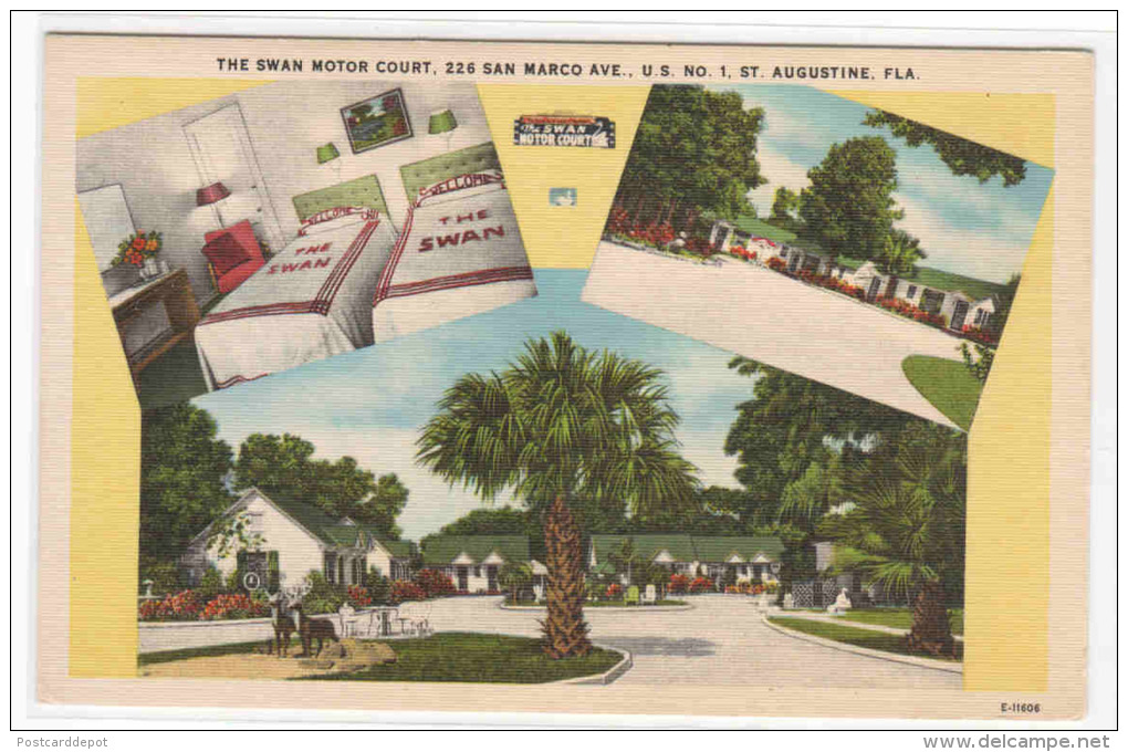 The Swan Motor Court Motel St Augustine Florida Roadside America Linen Postcard - St Augustine