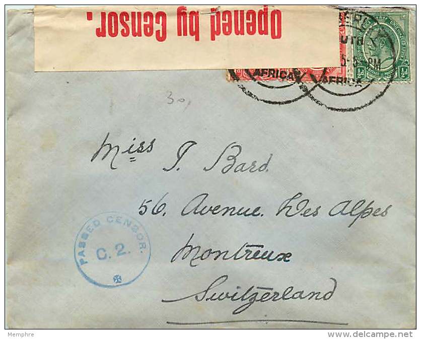 1915  Letter For Switzerland  South-African Censored - Briefe U. Dokumente