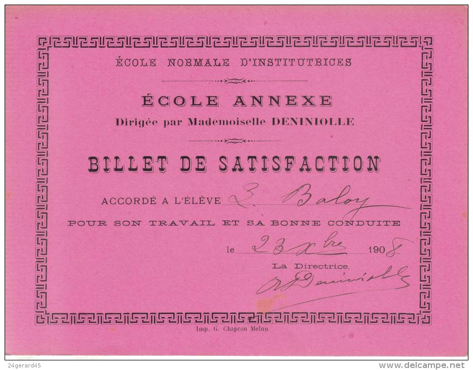 BILLET DE SATISFACTION ECOLE NORMALE D´INSTITUTRICES 23 Octobre 1908 - Diplomas Y Calificaciones Escolares