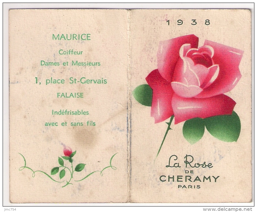 Calendrier De Poche 1938  MAURICE  Coiffeur  FALAISE (14) La Rose De CHERAMY - Petit Format : 1921-40