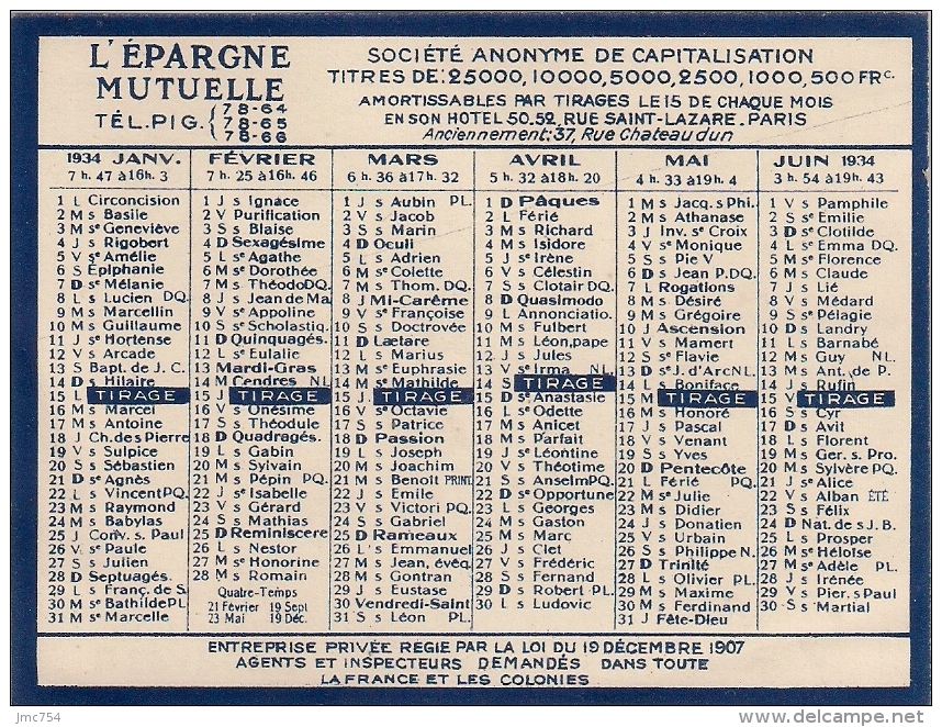 Calendrier De Poche 1934    L'EPARGNE MUTUELLE - Small : 1921-40