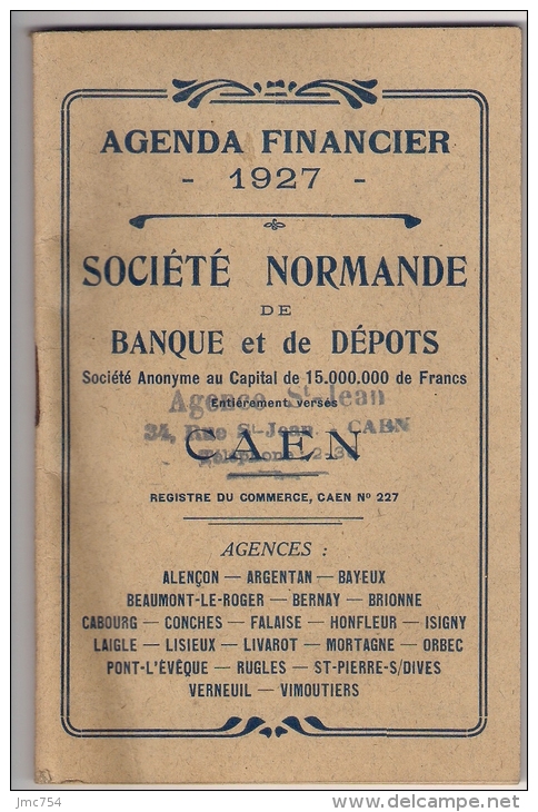 Agenda Financier De Poche  1927  STE NORMANDE DE BANQUE ET DE DEPOTS  CAEN (14)  TTBE - Agende Non Usate