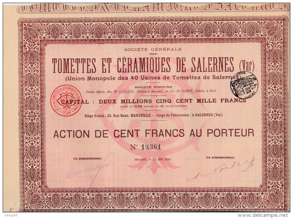 ACTION  TOMETTES ET CERAMIQUES DE SALERNES -VAR- ANNEE 1899 - Industrie