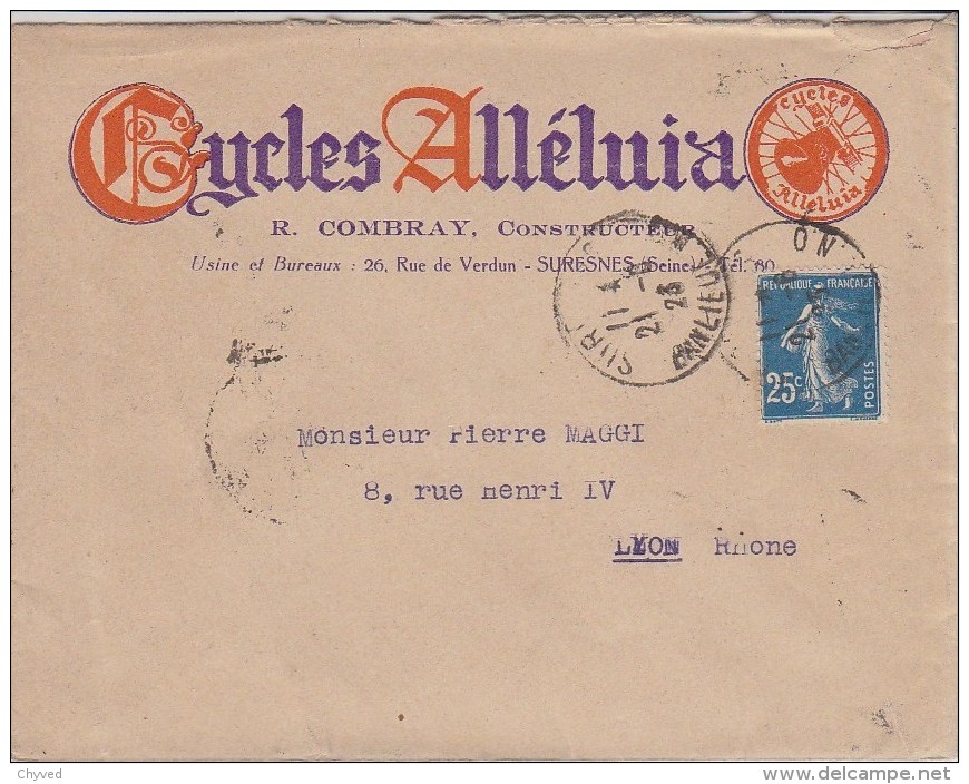 ESC 21-06-1923 Affr Semeuse 140-En Tête Cycles ALLELUIA à Suresnes - Lettres & Documents