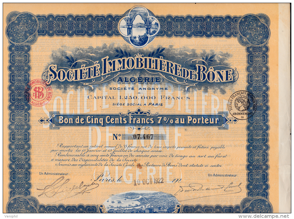 BON DE  500 FRANCS - SOCIETE IMMOBILIERE DE BONE- ALGERIE -1922 - Afrique