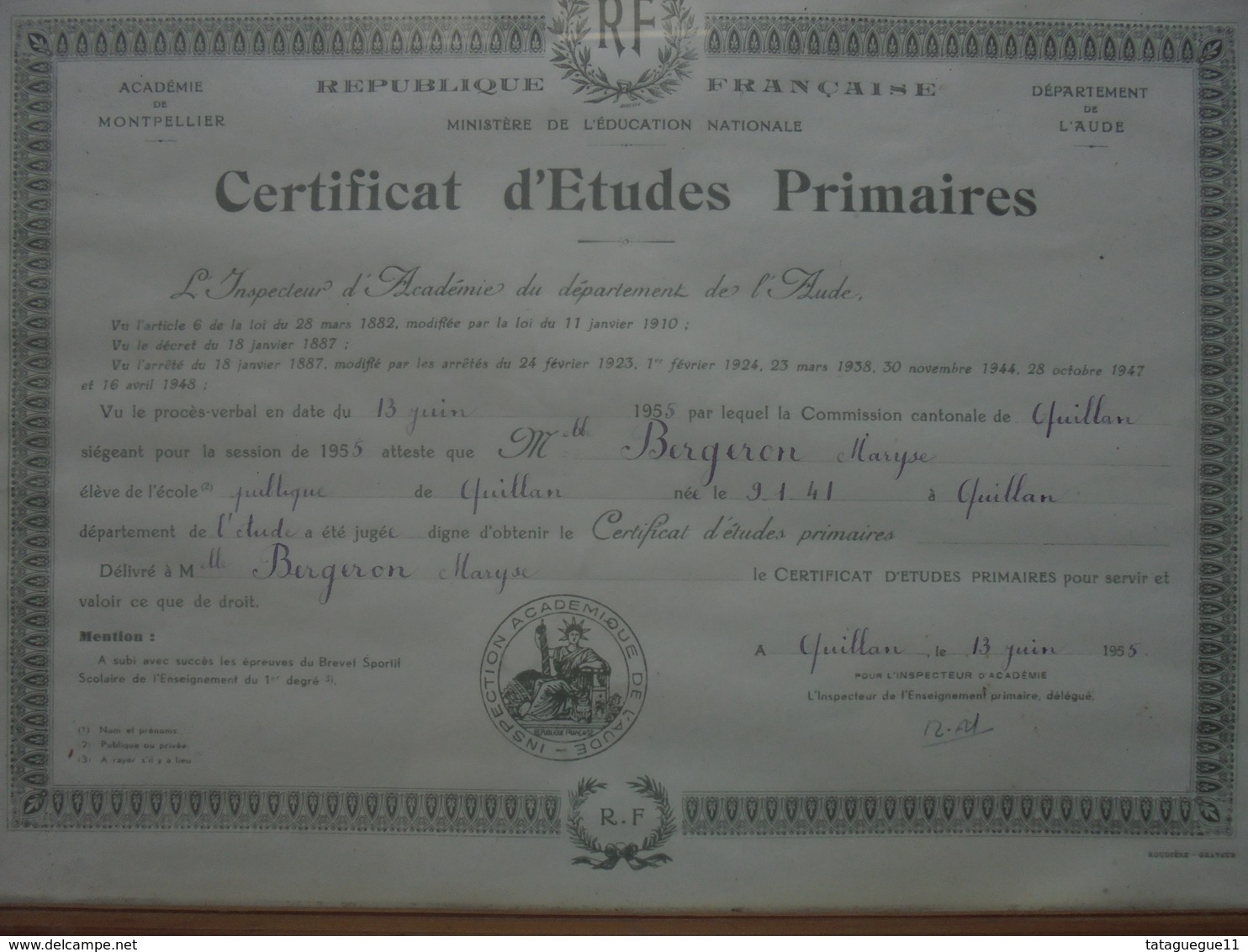 Ancien - Certificat D'Etudes Primaires Académie De L'Aude Quillan 1955 Cadre Bois - Diplomi E Pagelle