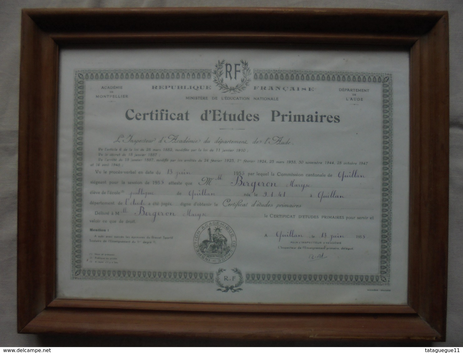 Ancien - Certificat D'Etudes Primaires Académie De L'Aude Quillan 1955 Cadre Bois - Diplome Und Schulzeugnisse