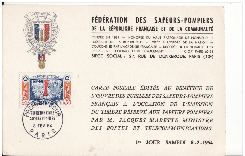 POMPIERS - FIREMAN - FEUERWEHR ** Protection Civile (Sapeurs-pompiers) **  Yvt N° 1404 - Carte Maximum France 1964 - Pompieri