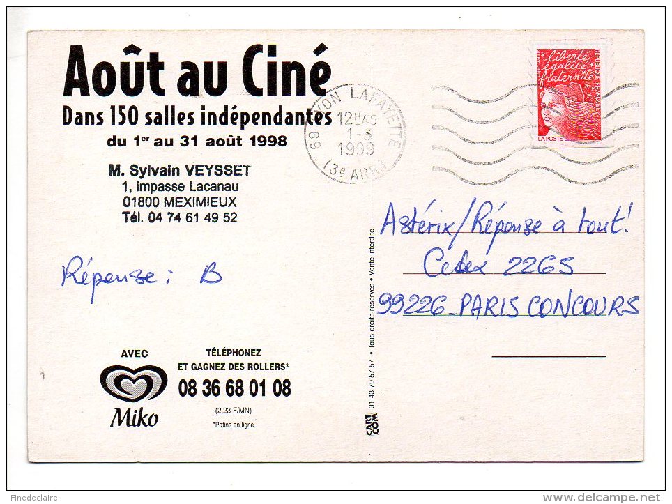 Carte Publicitaire - Août Au Ciné - 1998 - Autres & Non Classés