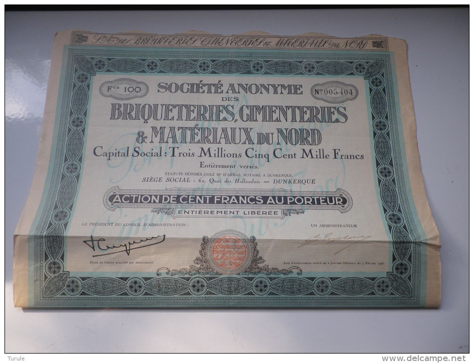 BRIQUETERIES,CIMENTERIES ET MATERIAUX DU NORD (100 Francs) DUNKERQUE - Autres & Non Classés