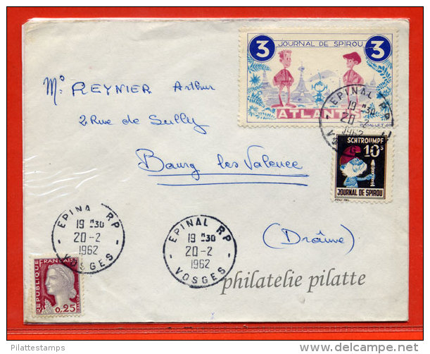 FRANCE LETTRE DE 1962 AVEC VIGNETTES DU JOURNAL DE SPIROU BANDE DESSINEE SCHTROUMPF - Storia Postale