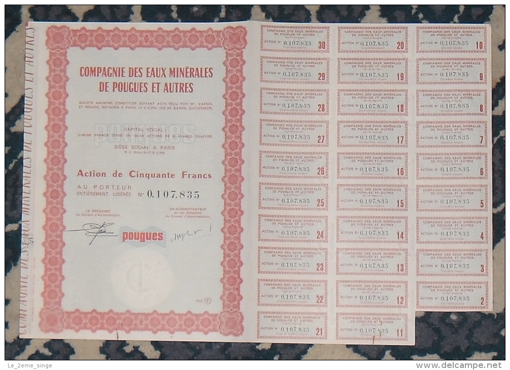 FRANCE Thermalisme COMPAGNIE DES EAUX MINERALES DE POUGUES Et AUTRES Action De 50 Francs 1963 - Acqua