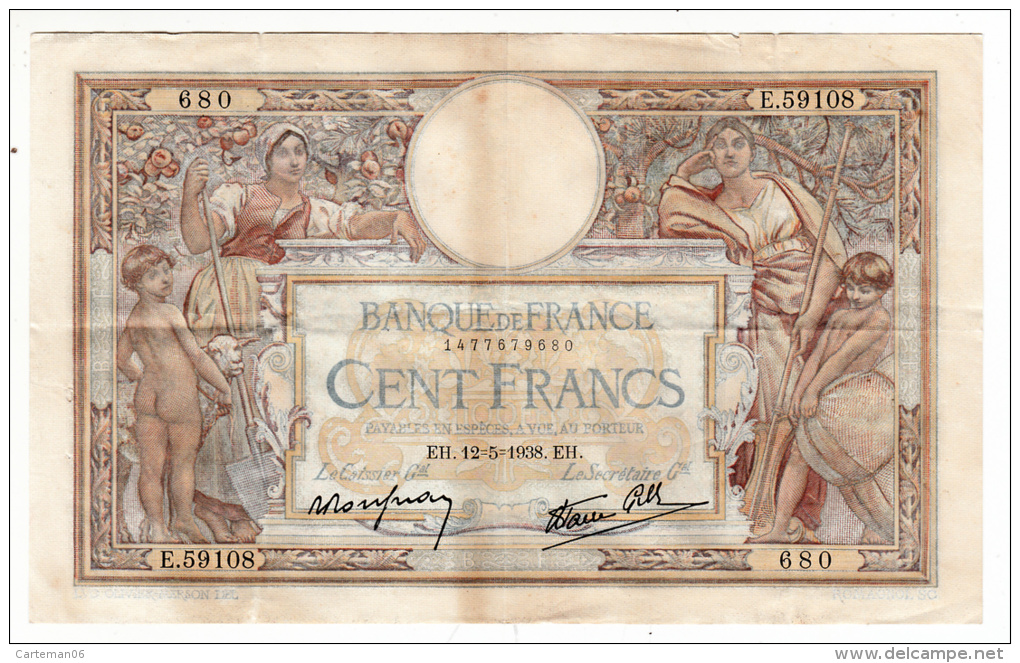 Billet - 100 Francs Merson - EH.12.5.1938 - E.59108 - 100 F 1908-1939 ''Luc Olivier Merson''