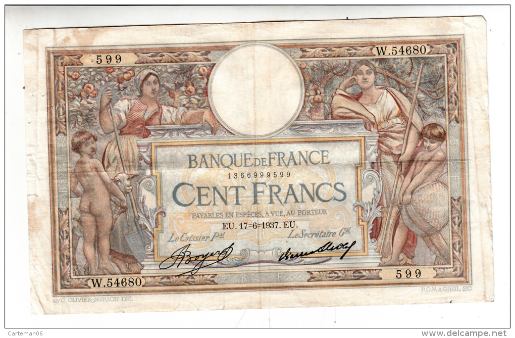 Billet - 100 Francs Merson - EU.17.6.1937 - W.54680 - 100 F 1908-1939 ''Luc Olivier Merson''