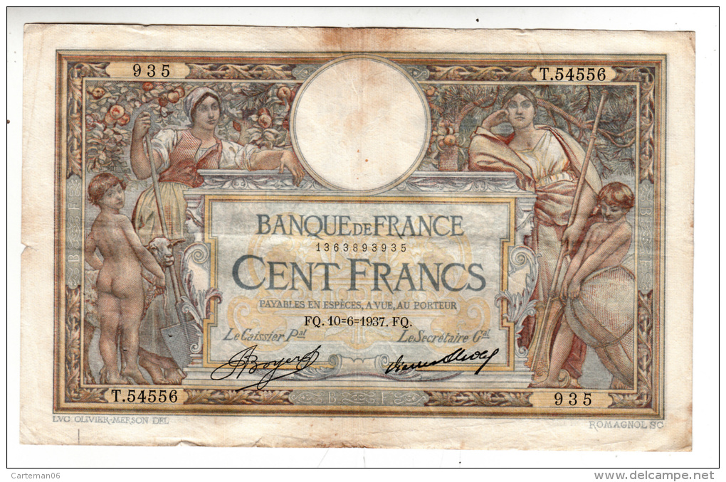 Billet - 100 Francs Merson - FQ.10.6.1937 - T.54556 - 100 F 1908-1939 ''Luc Olivier Merson''