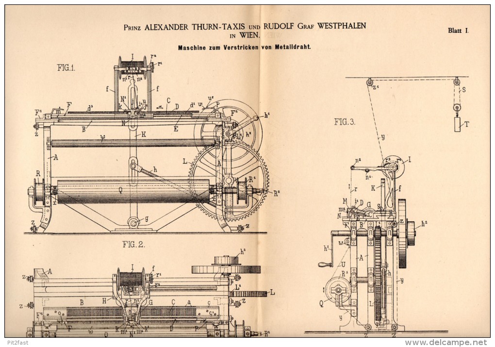 Original Patentschrift - Prinz Alexander Thurn - Taxis Und R. Graf Westphalen In Wien , 1884 , Masichine Zum Stricken !! - Tools