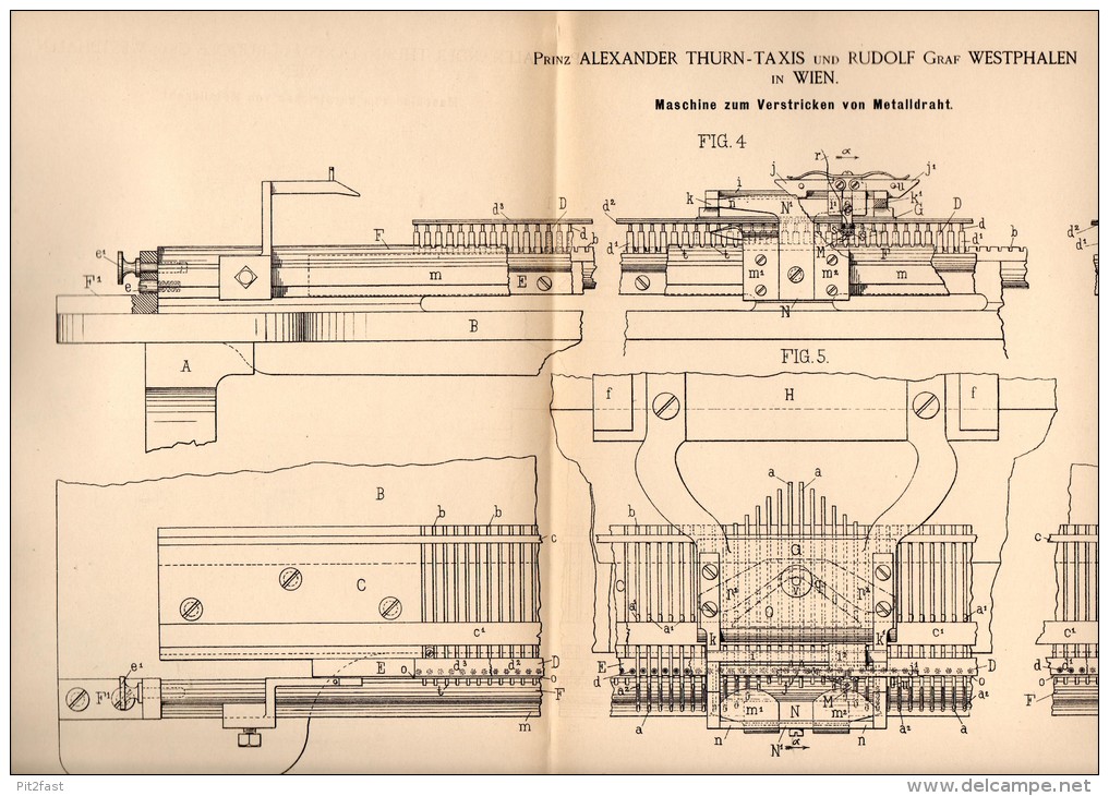 Original Patentschrift - Prinz Alexander Thurn - Taxis Und R. Graf Westphalen In Wien , 1884 , Masichine Zum Stricken !! - Machines