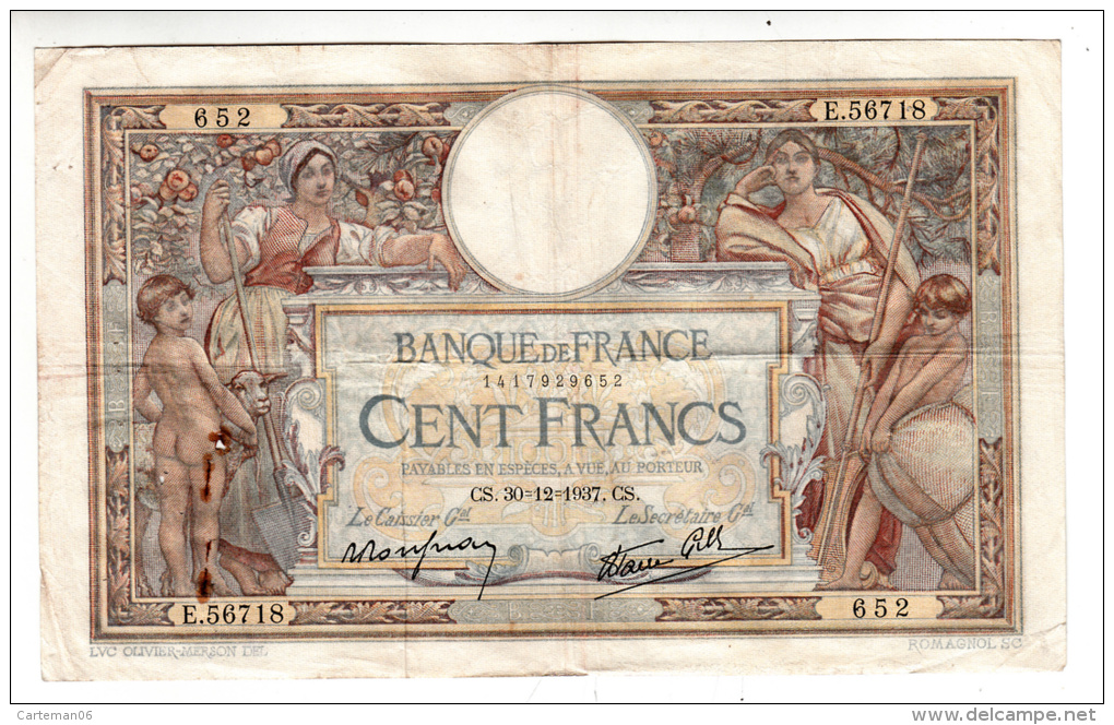 Billet - 100 Francs Merson - CS.30.12.1937 - E.56718 - 100 F 1908-1939 ''Luc Olivier Merson''